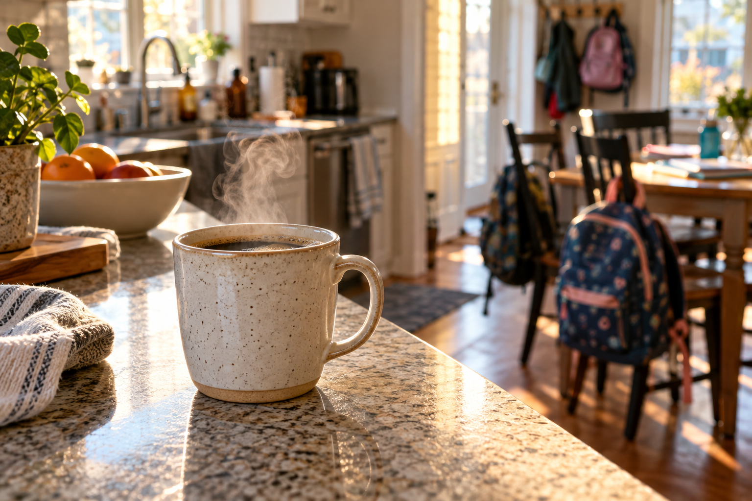 A steaming mug of coffee on a sunlit kitchen counter with school backpacks in the background.